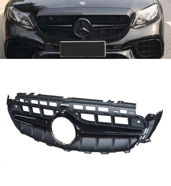 Черен лак решетка тип E63 AMG за Mercedes E класа W213 седан, S213 комби, C238 купе, А238 кабрио 2016-2019 с отвор за камера